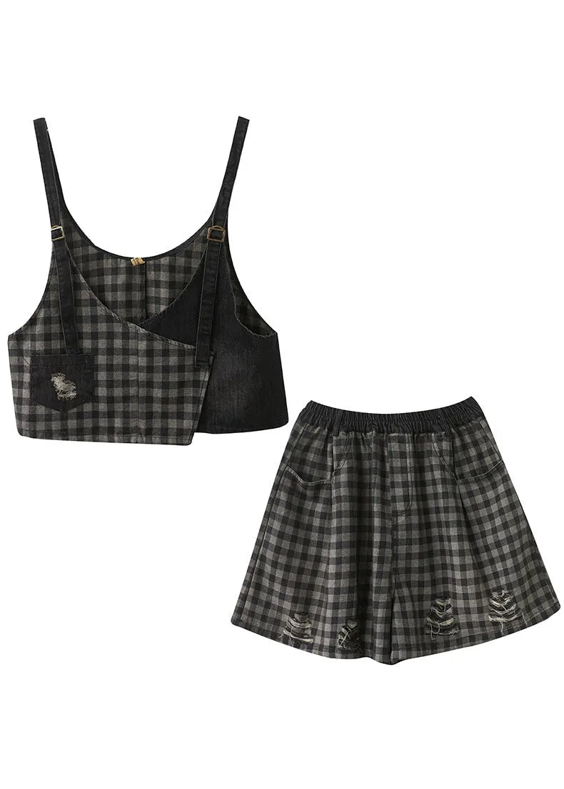 Black Plaid Patchwork Fall Two Piece Set Clothing