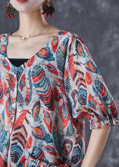 Red Feather Print Pockets Linen Jumpsuit Summer