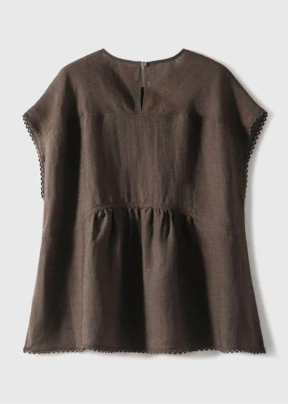 Art Brown Oversized Patchwork Wrinkled Linen Tank Tops Summer