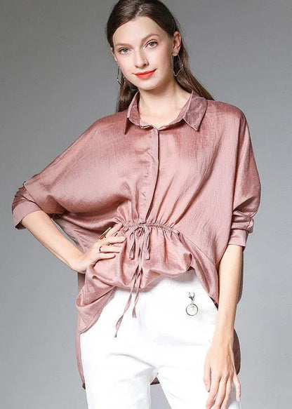 Black Wrinkled Tie Waist Fall Blouses Long Sleeve