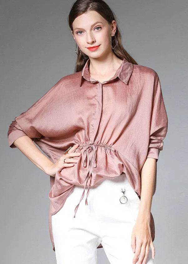 Black Wrinkled Tie Waist Fall Blouses Long Sleeve