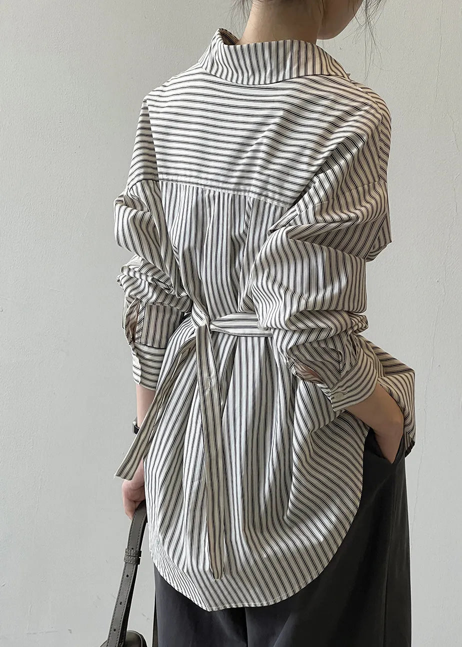 French Peter Pan Collar Striped Button Cotton Shirt Fall