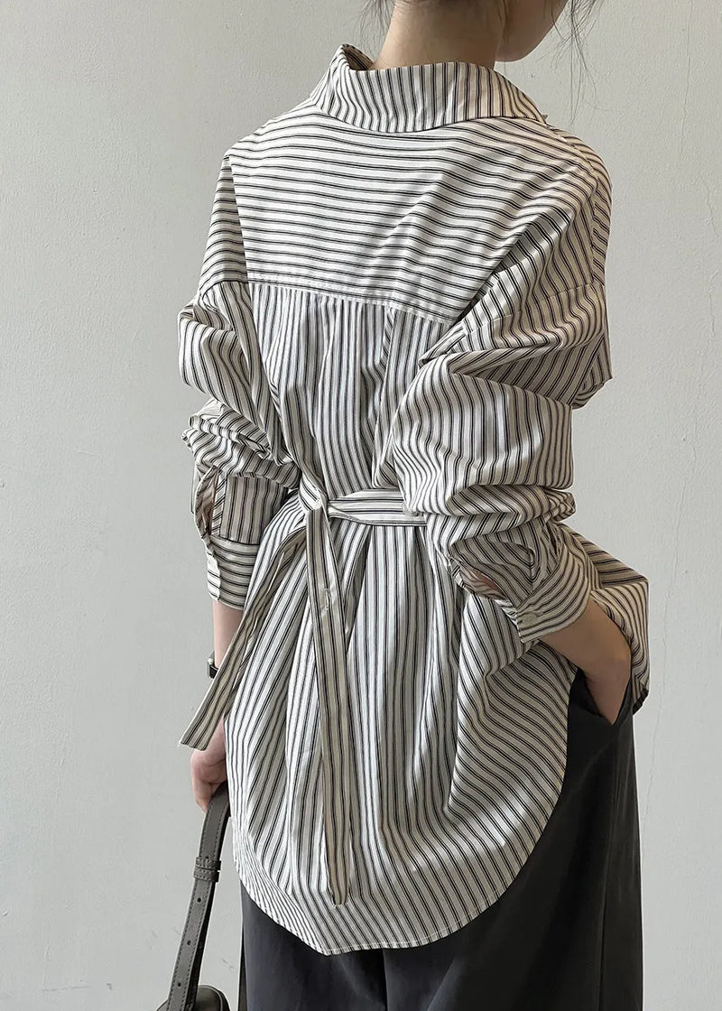French Peter Pan Collar Striped Button Cotton Shirt Fall