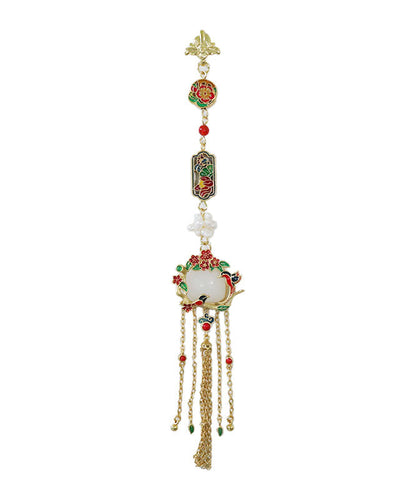 Retro Gold Overgild Pearl Jade Little Bird Tassel Brooch
