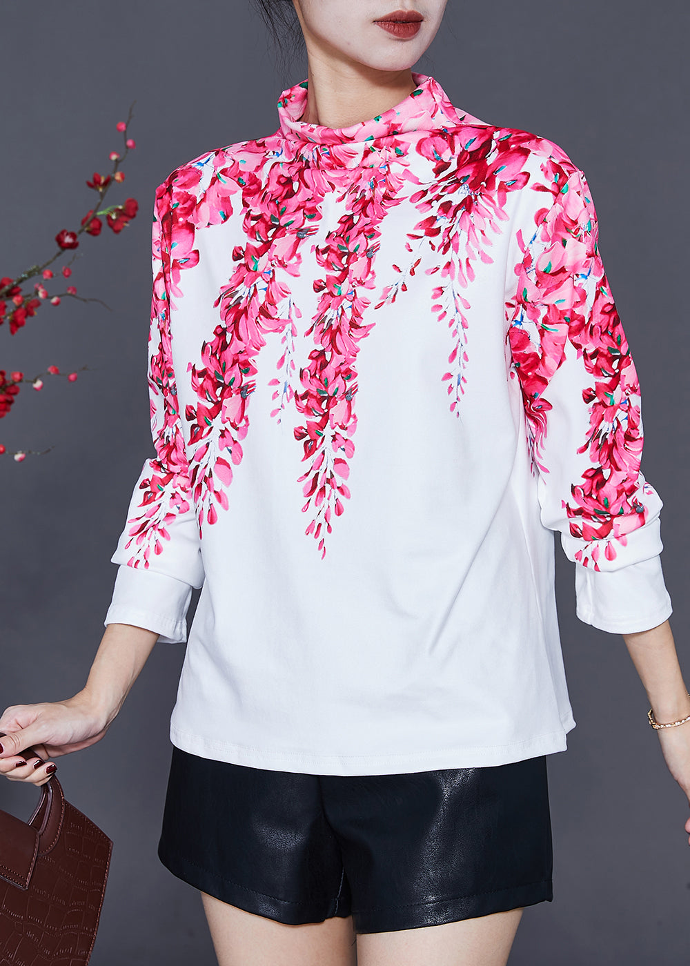 White Cotton Shirt Turtle Neck Print Spring