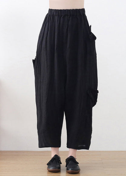 Black High Waist Pockets Linen Wide Leg Pants Summer