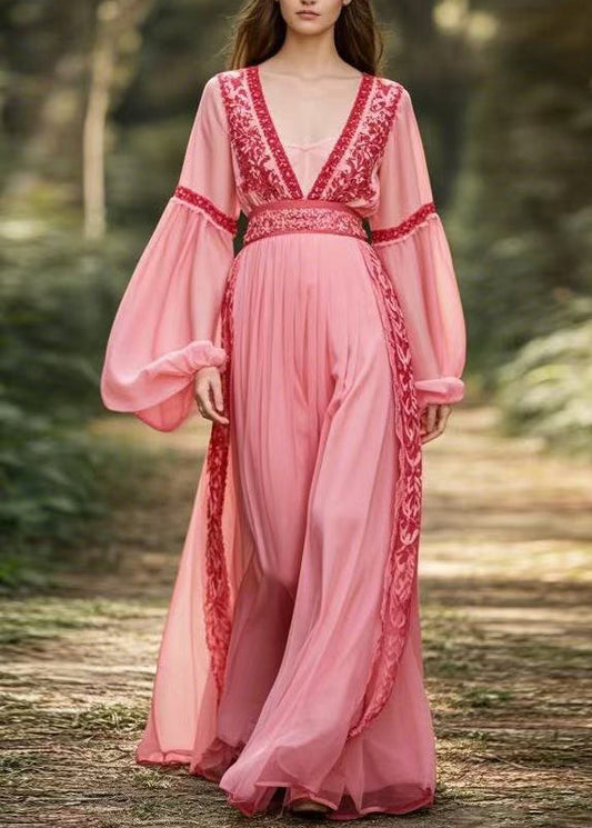 New Pink V Neck Patchwork Chiffon Long Dresses Lantern Sleeve Spring