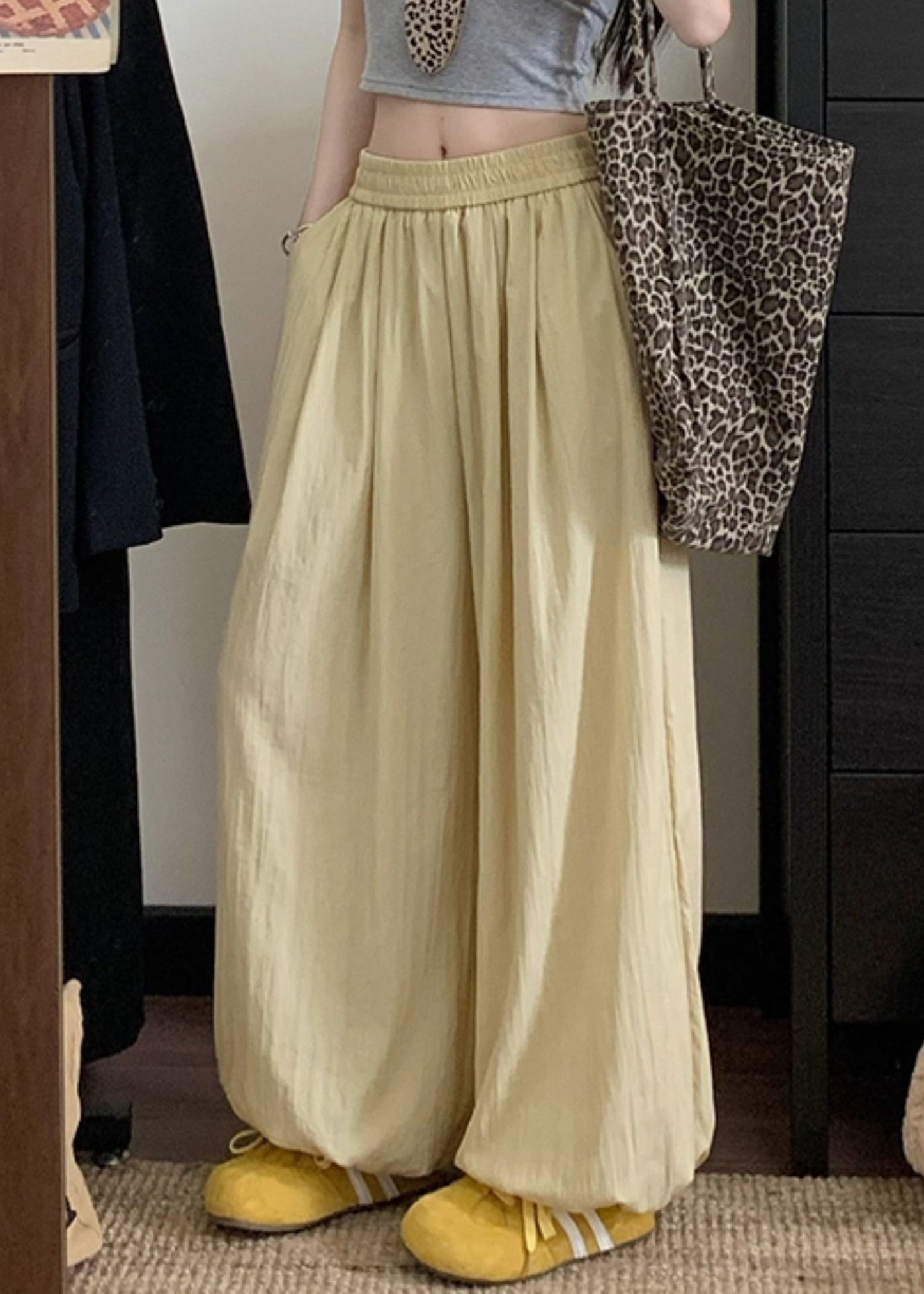 Yellow Loose Cotton Beam Pants Pockets