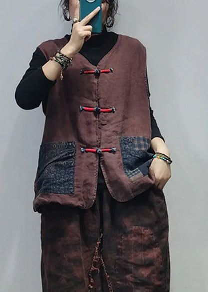 Chocolate Linen Vest Tops Patchwork Pockets Spring