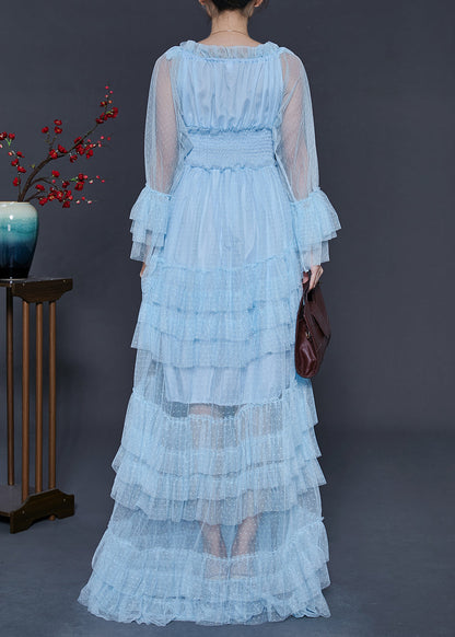 Blue Elastic Waist Patchwork Tulle Party Dress Fall