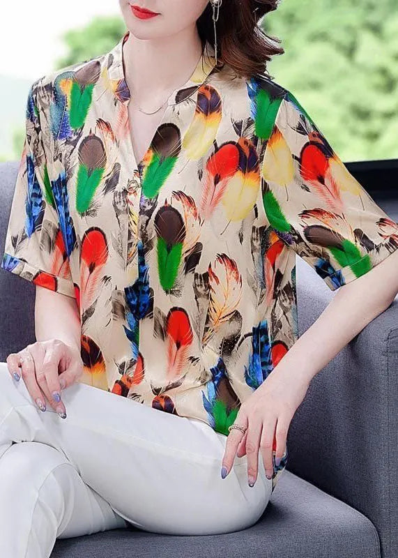 Khaki V Neck Print Silk Shirt Tops Short Sleeve