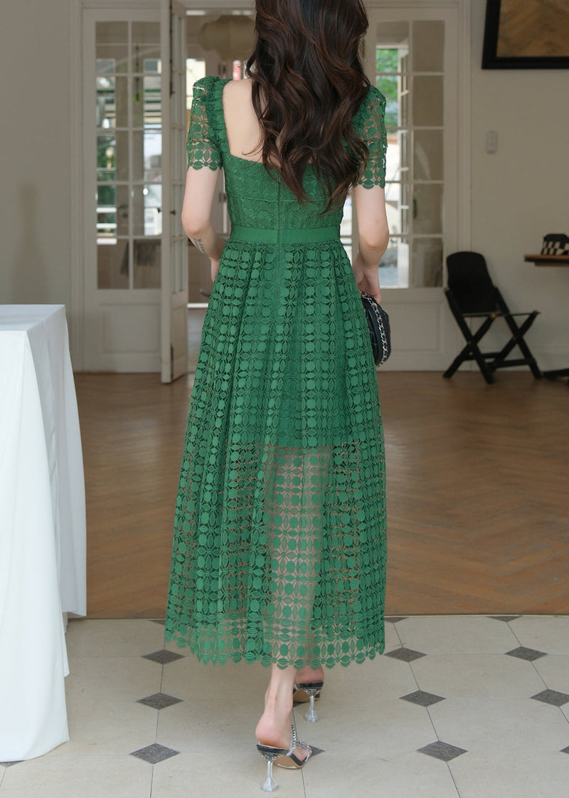 Green Square Collar Hollow Out Lace Long Dress Summer