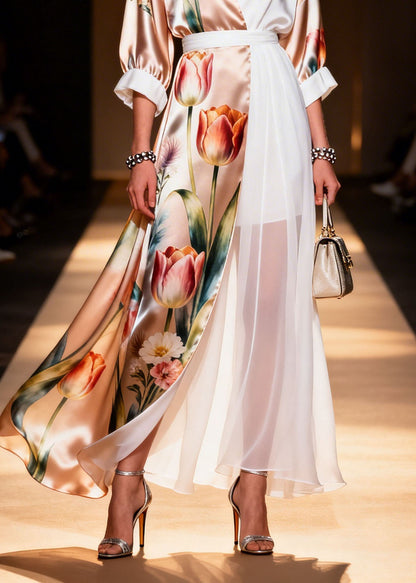 Colorblock V Neck Print Chiffon Dress Summer