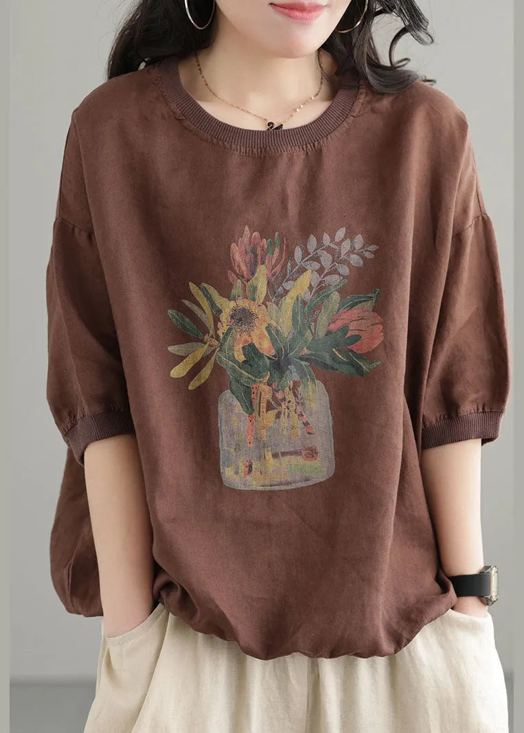 Chocolate Print Linen Tank Tops O-neck Oversized Short Sleeve
