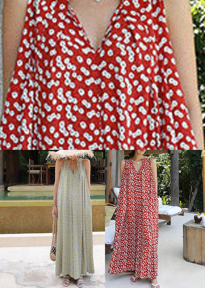Red Colour O-neck Print Pockets Chiffon Jumpsuits Pants Summer