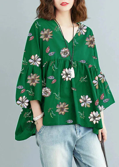 Green Feather V Neck Patchwork Asymmetrical Design Fall Top Three Quarter Sleeve