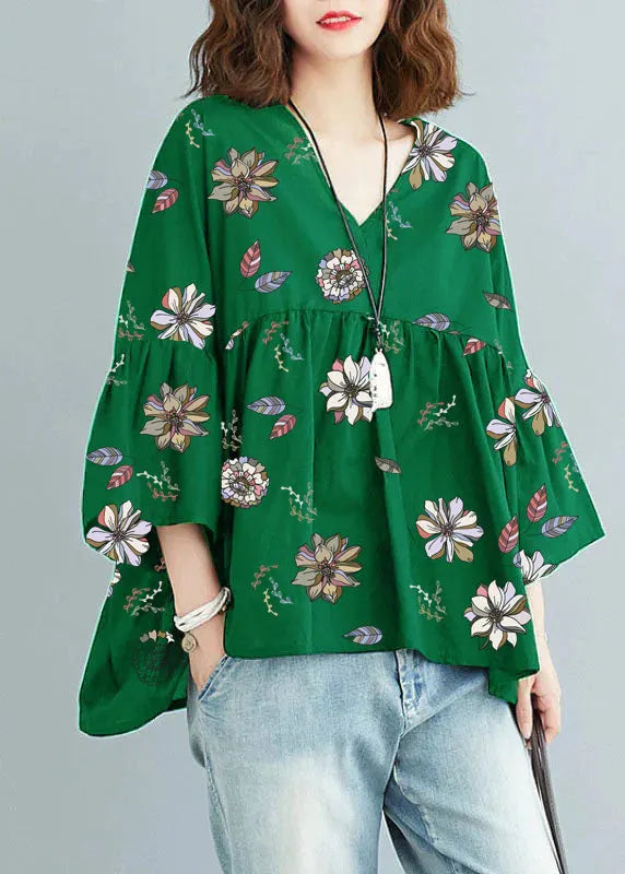 Green Feather V Neck Patchwork Asymmetrical Design Fall Top Three Quarter Sleeve