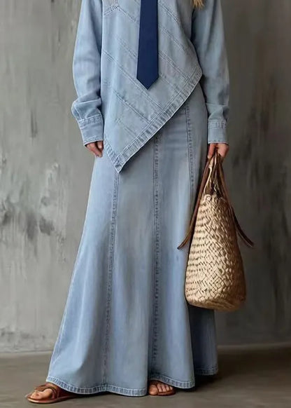 French Blue Asymmetrical Denim Two Piece Set Outfits Spring