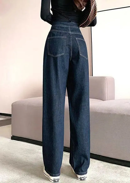 Modern Denim Blue Pockets High Waist Pants Fall