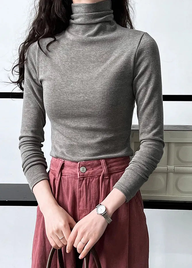Simple Caramel Turtle Neck Versatile T Shirts Autumn
