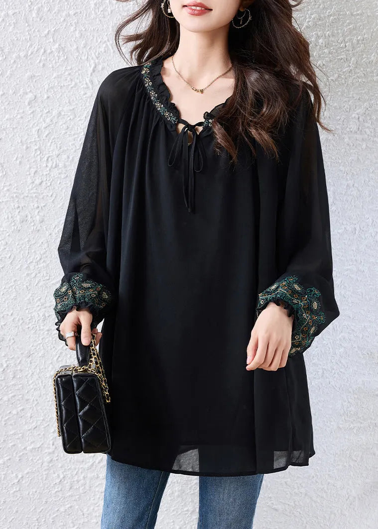 Boutique Black Embroidered Tie Neck Chiffon Blouse Tops Fall