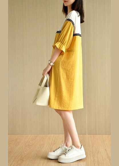 Yellow Tie Waist Pockets Patchwork Summer Vacation Dress Half Sleeve