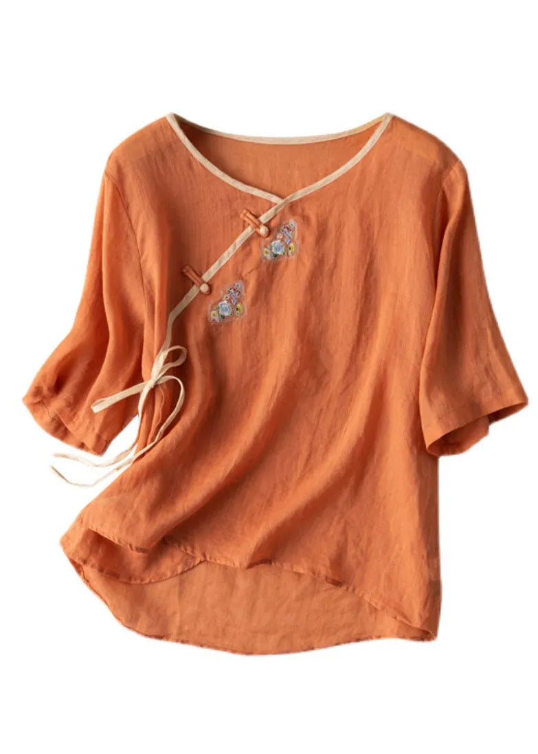 Orange V Neck Tie Waist Embroideried Linen Shirt Top Spring