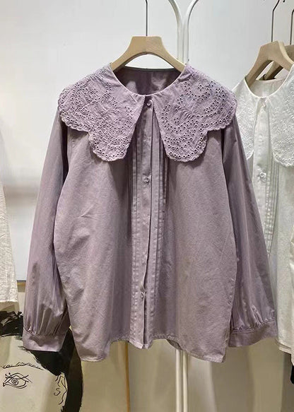 Purple Ruffled Hollow Out Cotton Blouse Tops Spring