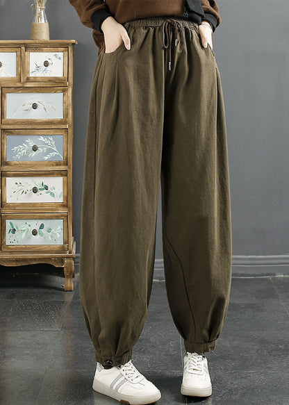 Green Elastic Waist Cotton Beam Pants Fall