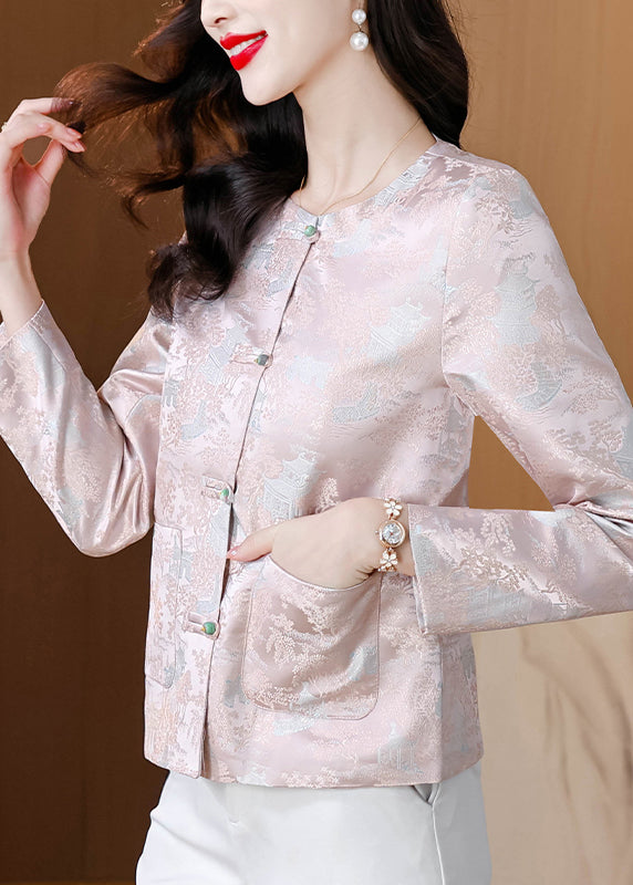 Pink O Neck Button Pockets Silk Coat Fall