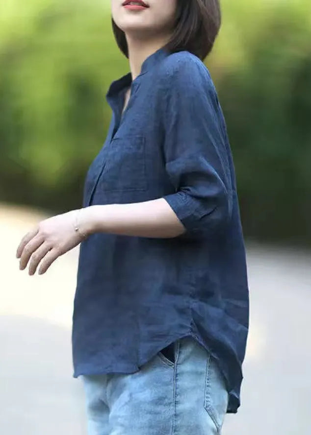 Navy Pockets Linen Shirt Top Stand Collar Button Half Sleeve