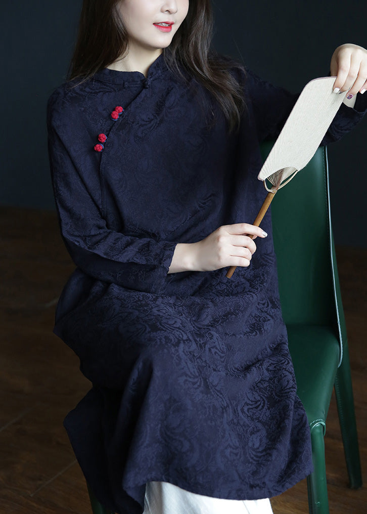 Jacquard Navy Blue Stand Collar Embroideried Button Maxi Dresses Spring