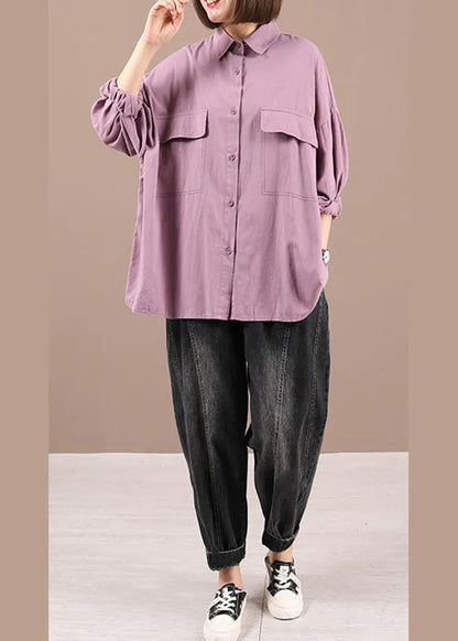 Purple Peterpan Collar Button Pockets Fall Shirt Long Sleeve