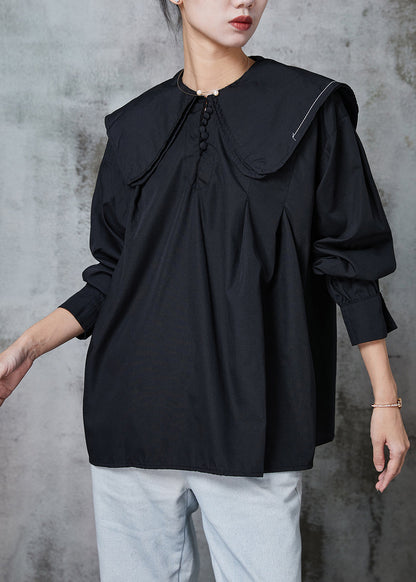 Black Cotton Blouses Double-layer Collar Spring