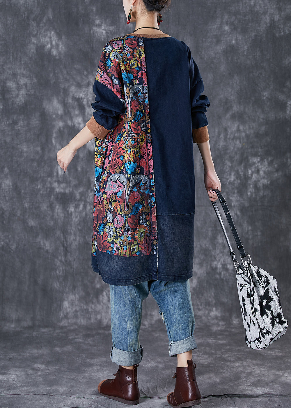 Style Navy Asymmetrical Patchwork Cotton Pullover Dress Fall