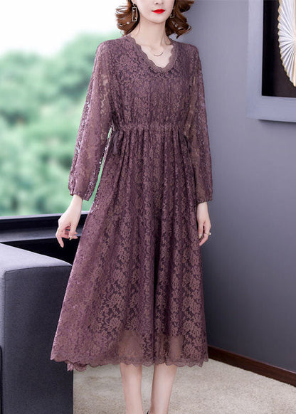 Purple V Neck Cinched Lace Holiday Dress Spring