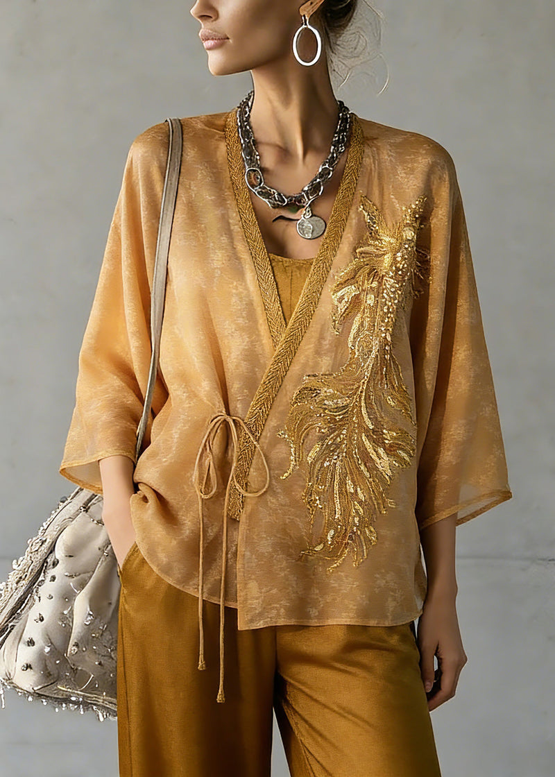 Fine Yellow Embroidered Tie Waist Silk Cardigans Three Quarter Sleeve Sleeve Spring