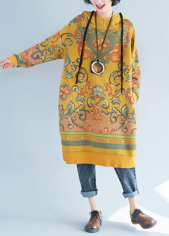 Modern Yellow Drawstring Hooded Pullover Dresses Spring