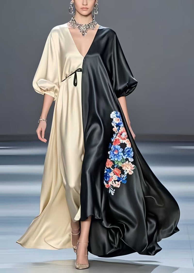 Colorblock Patchwork Silk Maxi Dresses Oversized Print Spring