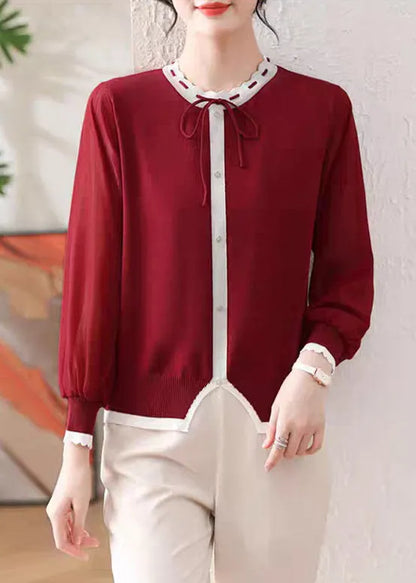 Red Button Patchwork Fall Knit T Shirt O Neck