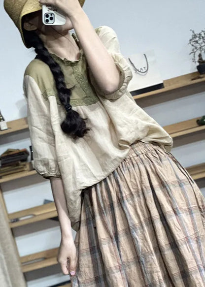 Apricot O-neck Lace Patchwork Linen Top Half Sleeve