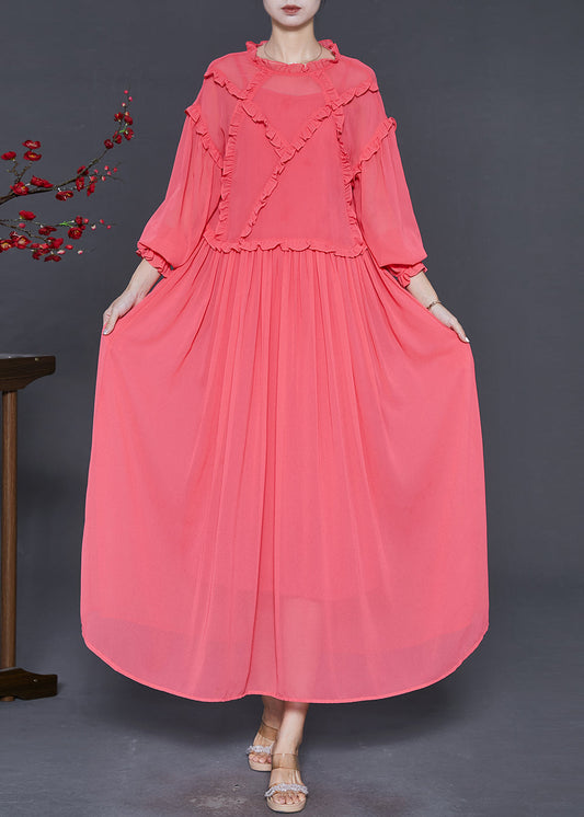 Brick Red Ruffled Chiffon Ankle Dress Spring