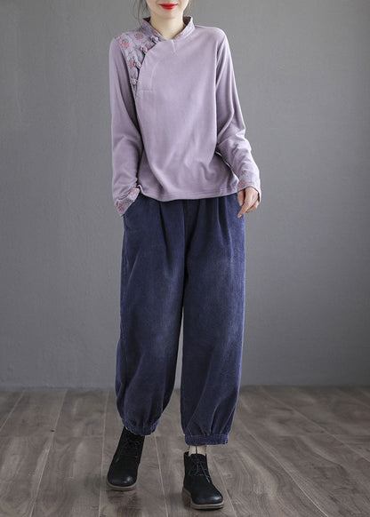 Modern Purple Embroideried Button Fall Cotton Top