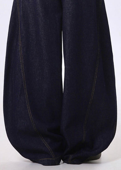 Navy Letter Print Denim Wide Leg Pants Spring