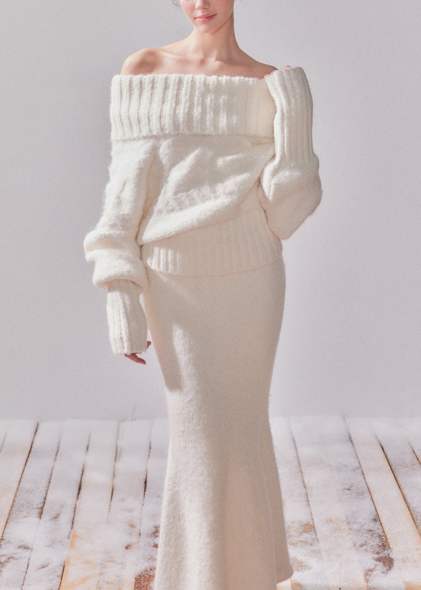 White Turtleneck Patchwork Cotton Knit Sweater and Maxi Dress Two-piece Set Fall