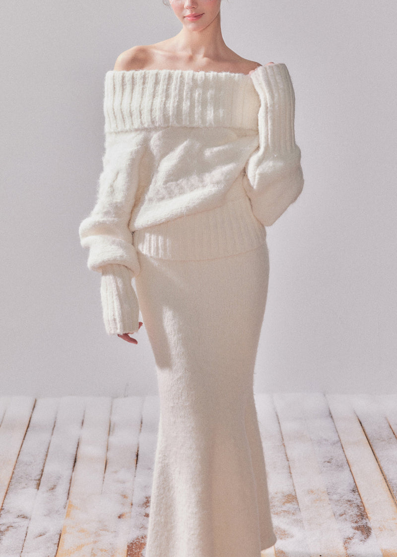 White Turtleneck Patchwork Cotton Knit Sweater and Maxi Dress Two-piece Set Fall