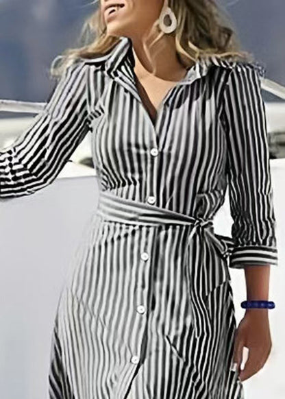 Loose Black Striped Button Tie Waist Cotton Blouses Dresses Bracelet Sleeve Spring