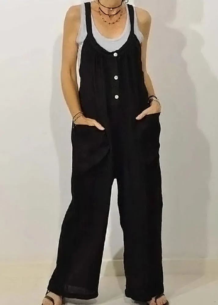 Khaki O-neck Button Jumpsuits Sleeveless