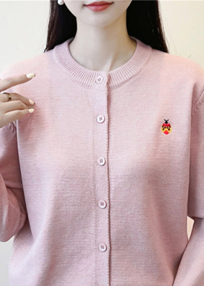 Simple Pink O-neck Print Button Knit Cardigan Fall