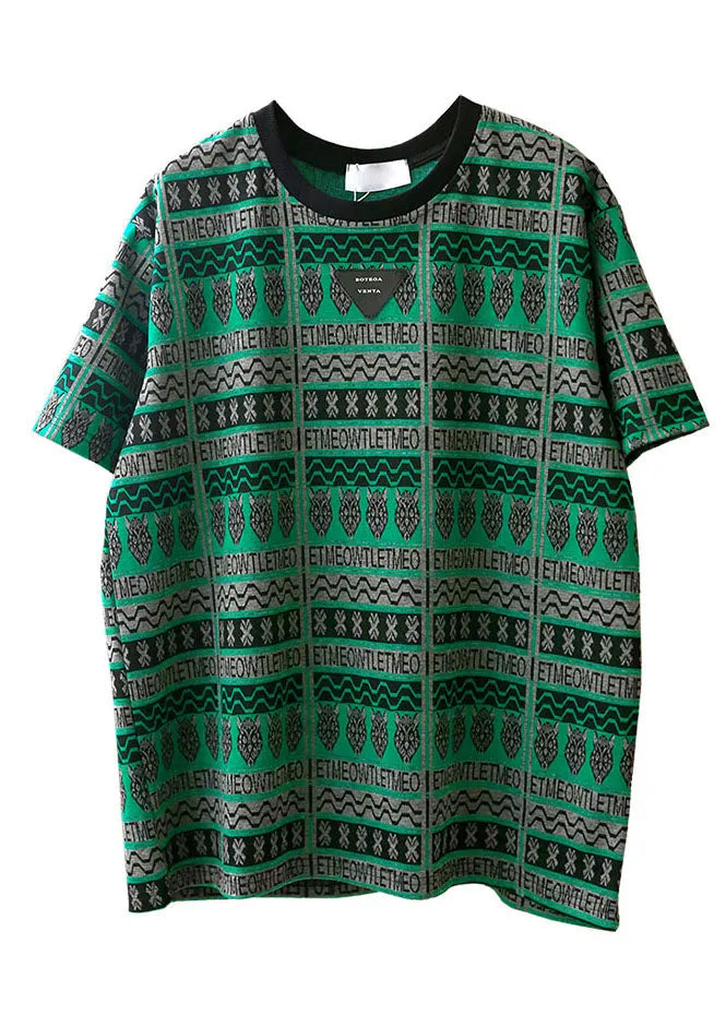 French Green O-neck Print Cotton Tank Tops Short Sleeve